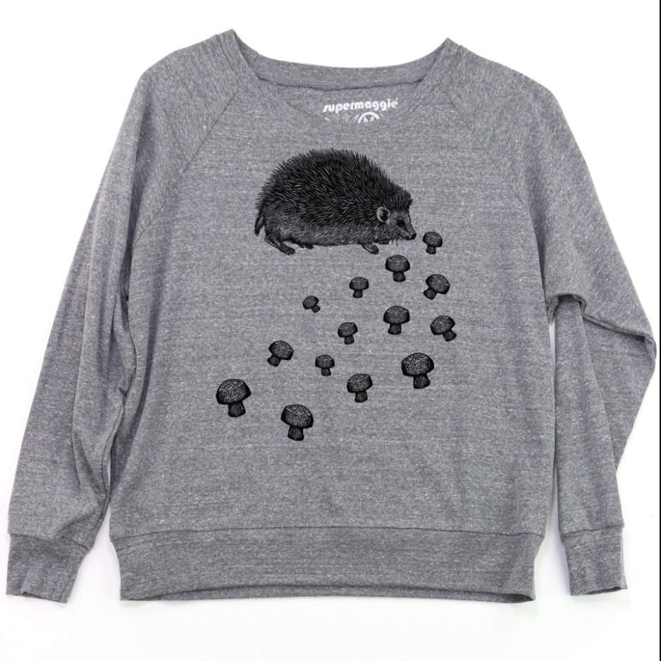 Gray sweatshirt with hedgehog and mushroom design on a white background
