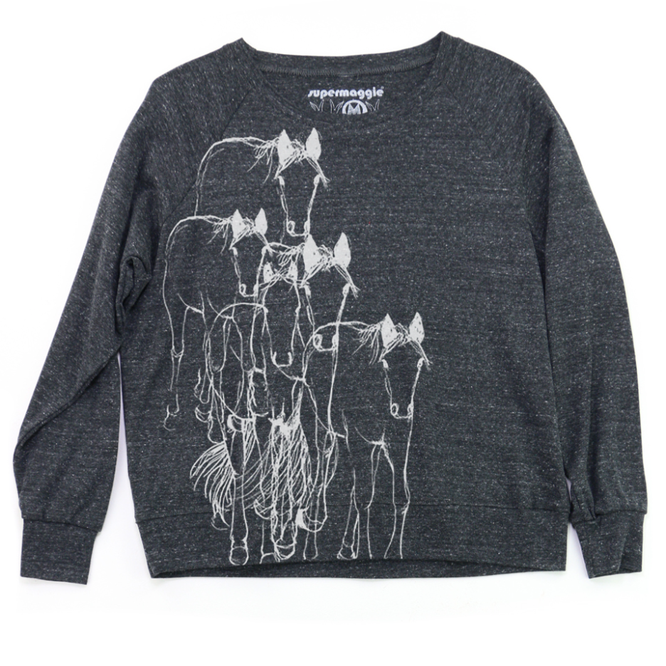 Gray long-sleeve shirt with horse design on a white background. 