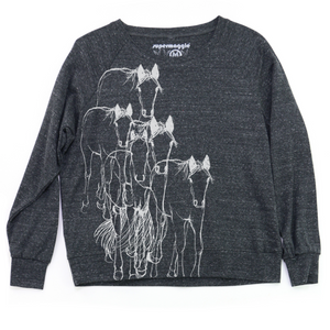 Gray long-sleeve shirt with horse design on a white background. 