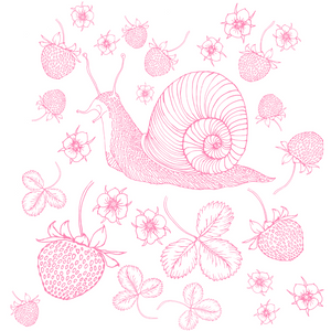 Pink snail and strawberry pattern on a white background.