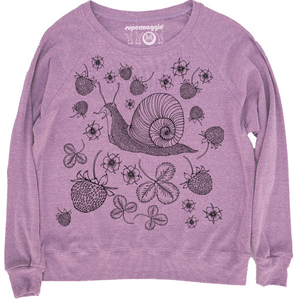 Purple sweatshirt with a snail and floral design on a white background.