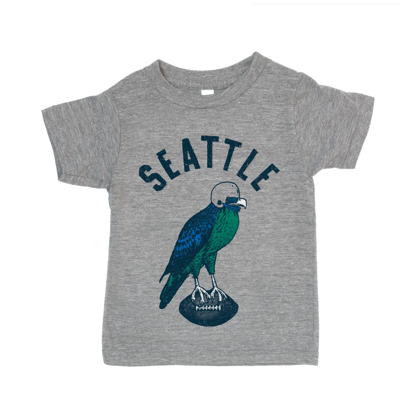 A heathered light gray tshirt that says Seattle across the top. It has a hawk wearing a helmet and carrying a football in his feet. 
