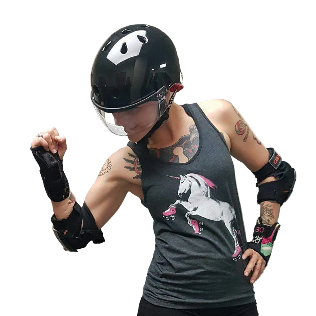 A customer models the light gray roller skating unicorn tank top. 