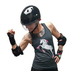 A customer models the light gray roller skating unicorn tank top. 