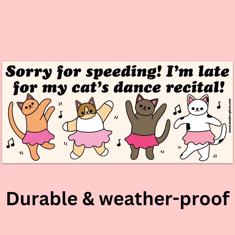 Bumper sticker of cartoon cats in dance poses with text that says "Sorry for speeding! I'm late for my cat's dance recital!" on a pink background