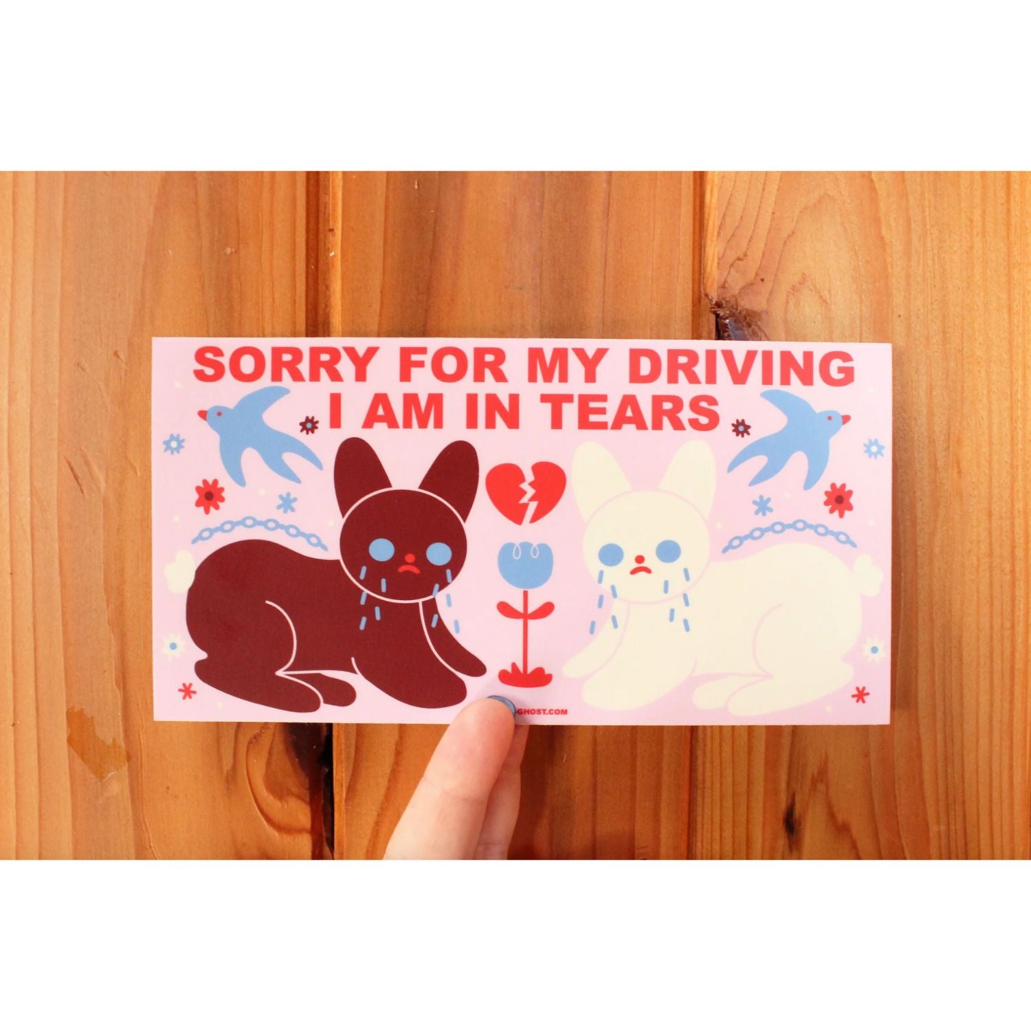 A bumper sticker with two cartoon rabbits and red text that says "Sorry for my driving - I am in tears"