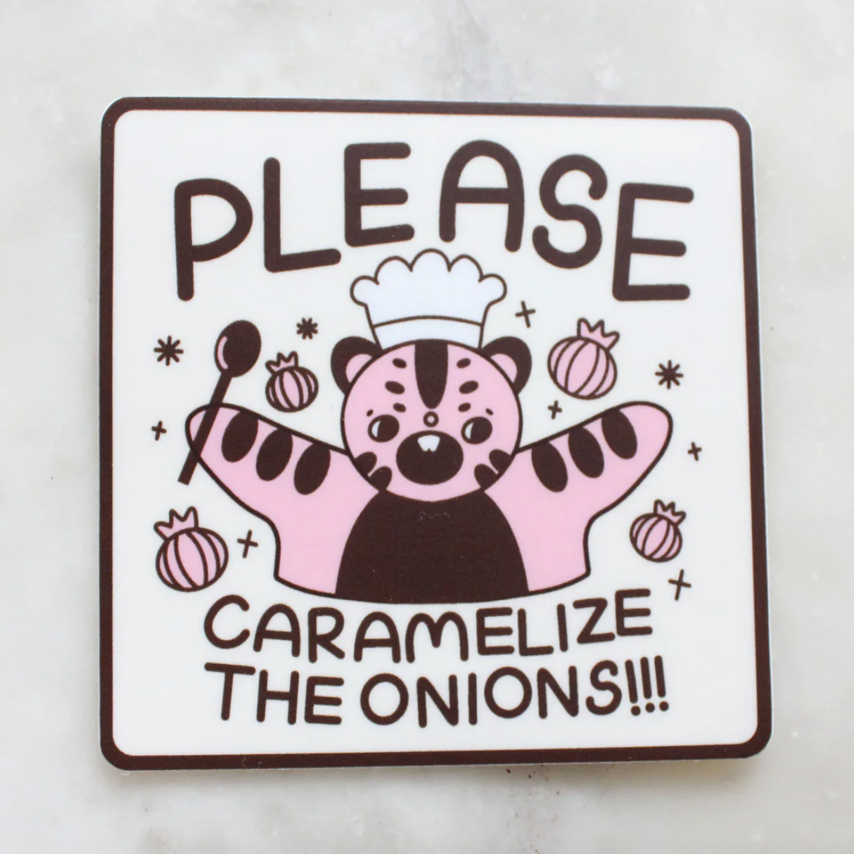 Sticker with a cartoon tiger character and text 'PLEASE Caramelize The Onions!!!' on a white background
