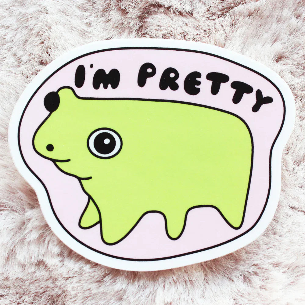 Sticker with a green frog and bubble text that says "I'm pretty"
