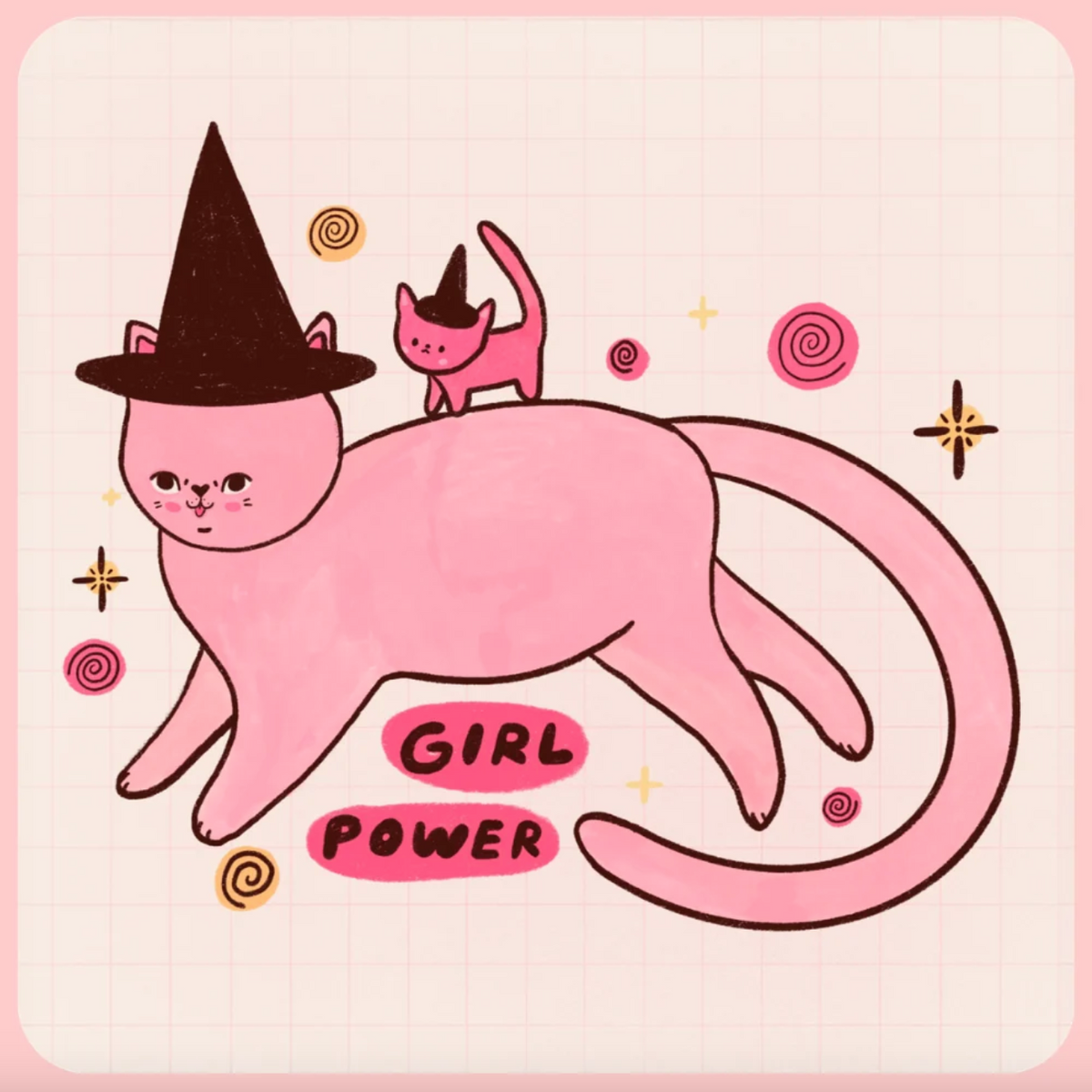A light pink sticker featuring a small pink cat wearing a witch hat riding on top of a large pink cat wearing a witch hat and text that says "GIRL POWER"