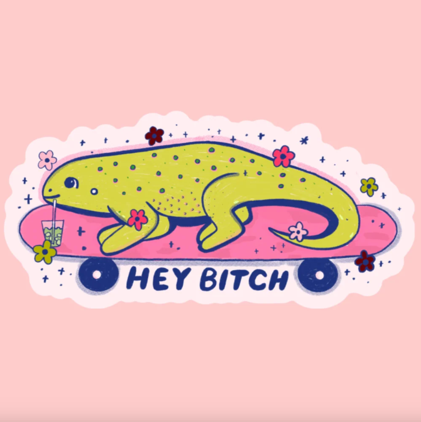 A die-cut sticker featuring a cartoon green gecko lying on a pink skateboard with the text 'HEY BITCH' in blue, decorated with small flowers and stars, shown on a solid pink background.