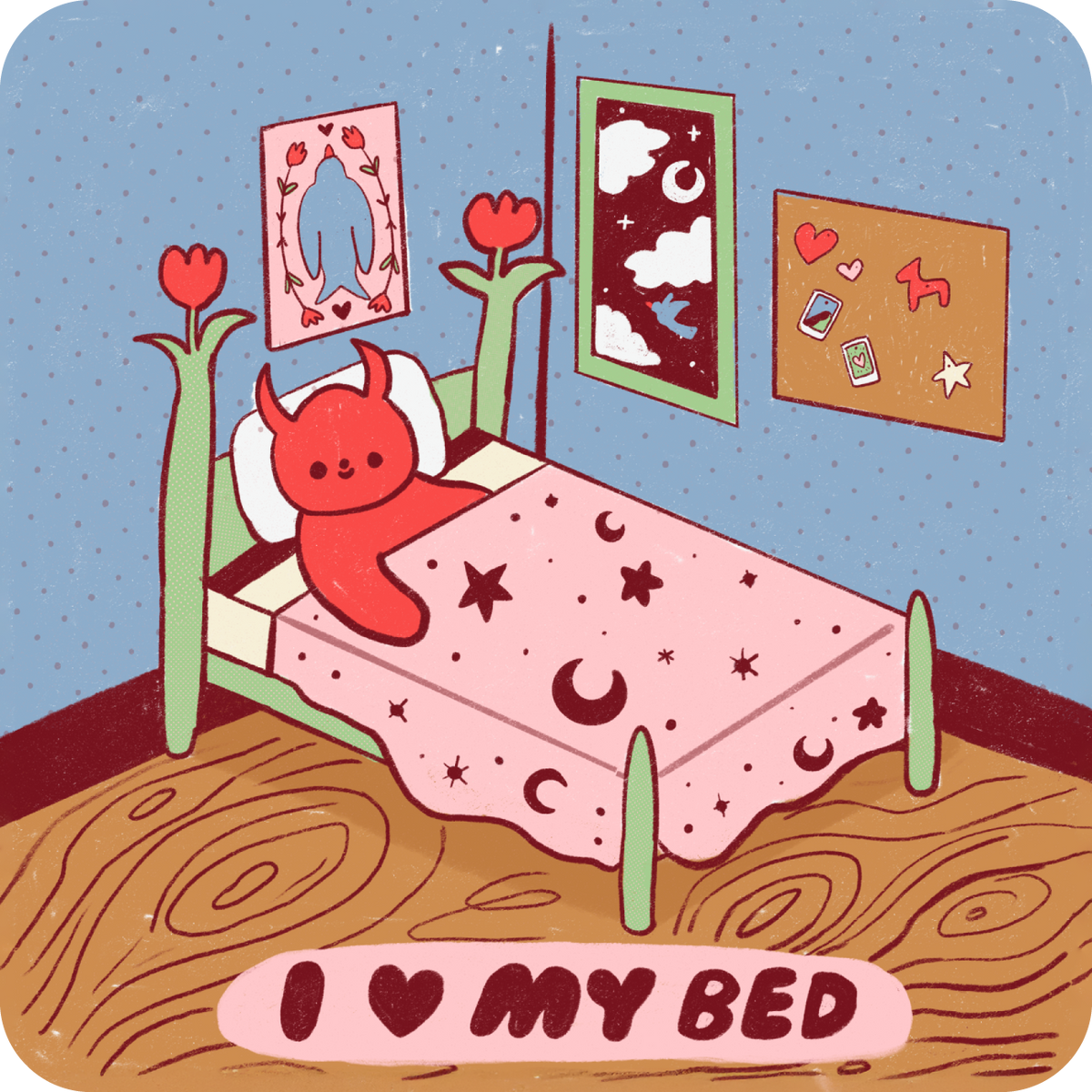 Illustration of a red creature in bed with 'I ❤️ MY BED' sign, surrounded by wall decorations.