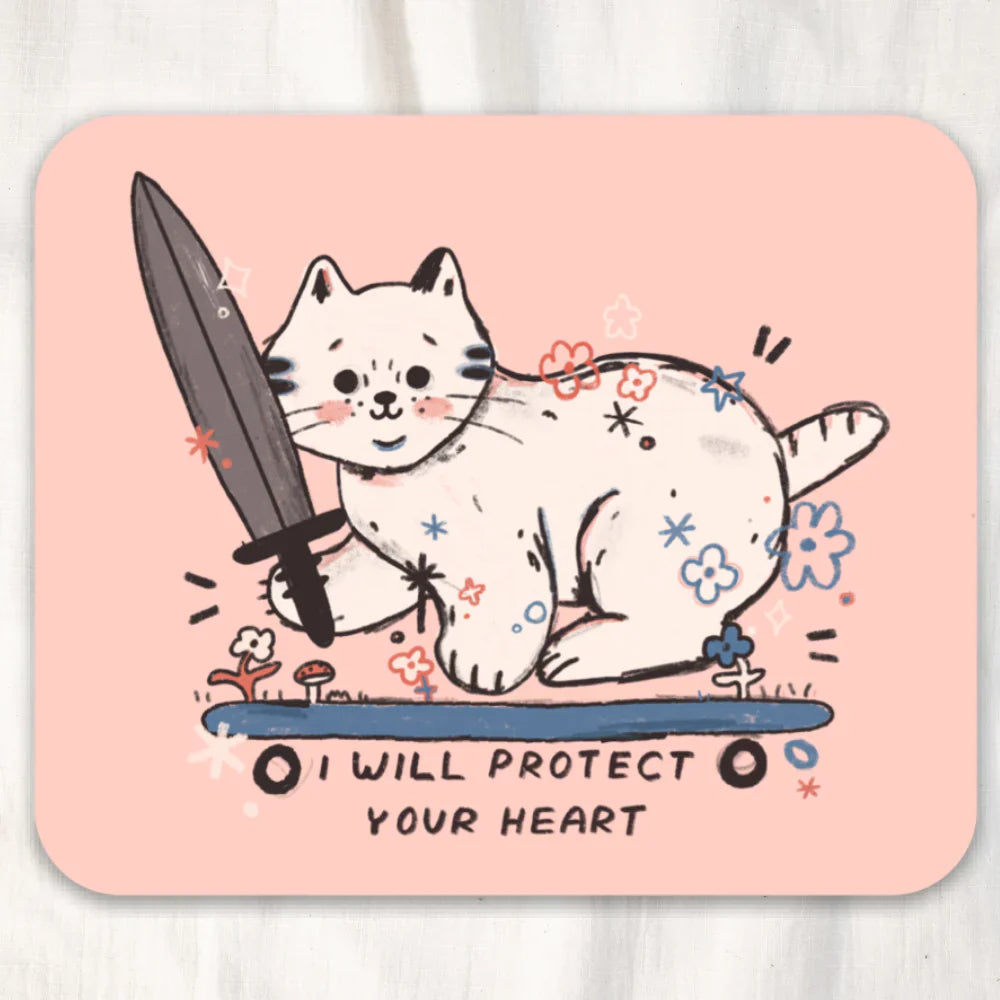 A sticker of a cat holding a sword on a skateboard with text that says "I will protect your heart"