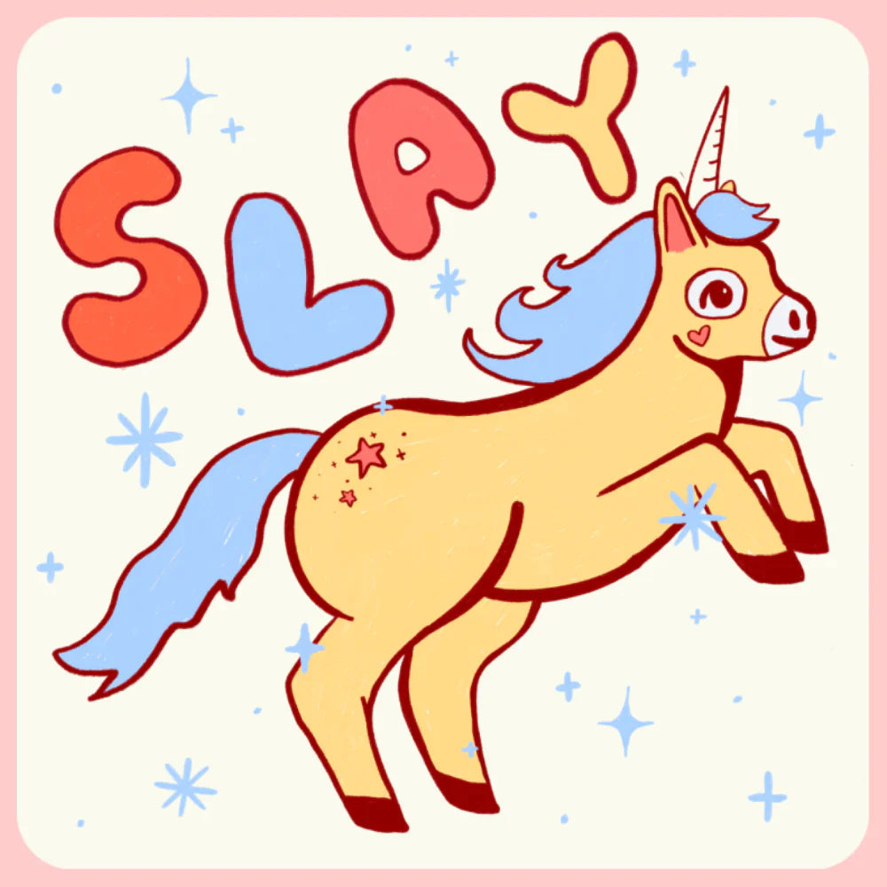 Sticker of a unicorn and some sparkles with bubble letters that say "SLAY"