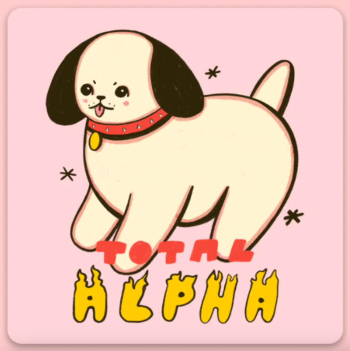 Cartoon dog with a red collar on a pink background with 'Total Alpha' text.