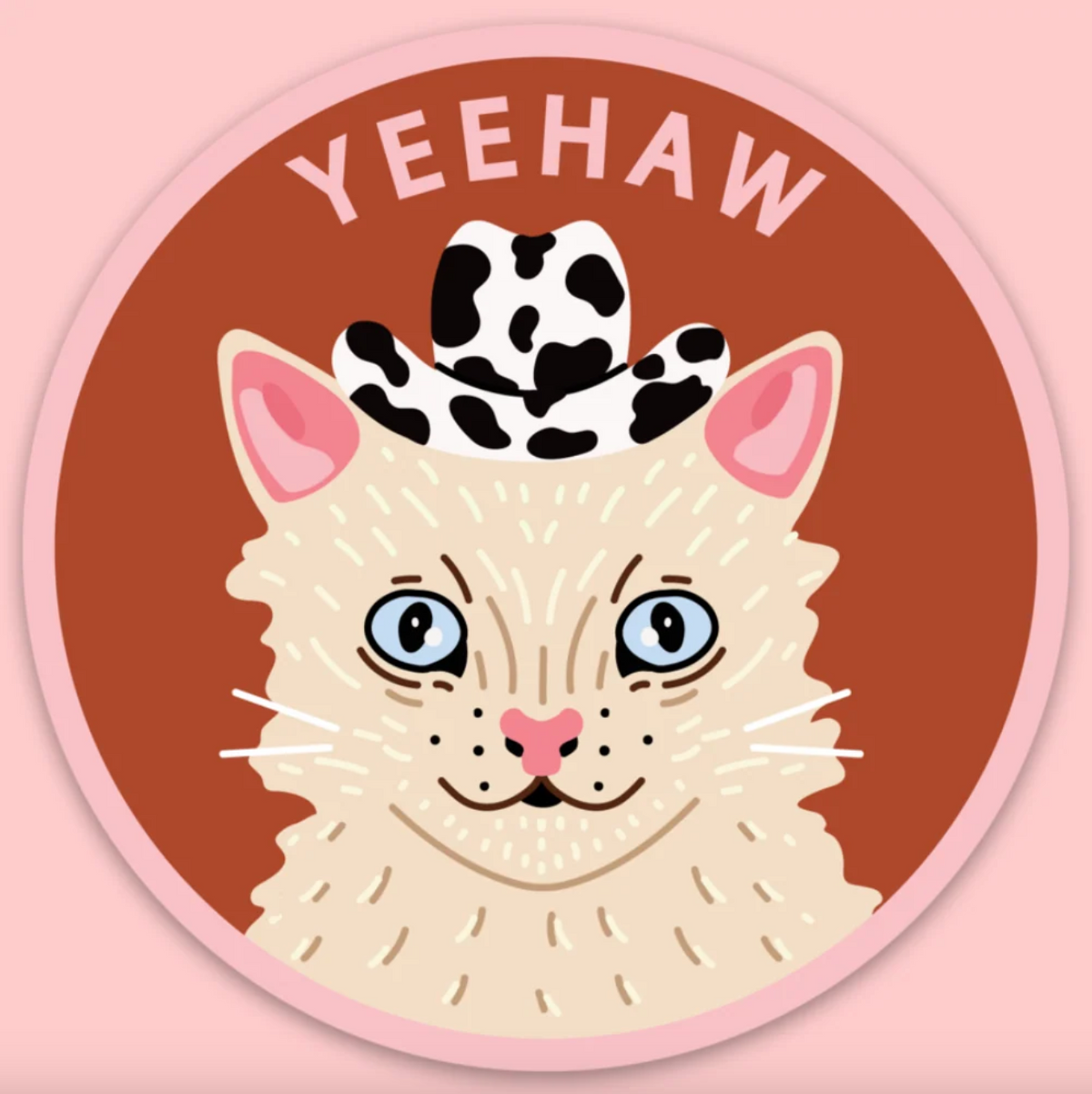 Round sticker of a cat wearing a cow-print cowboy hat and text on top that says "YEEHAW"
