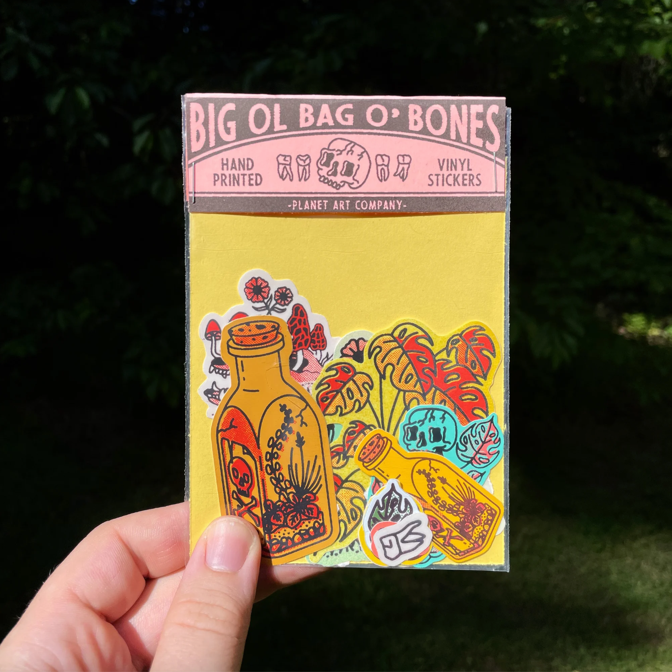 Sticker pack with colorful bone-themed stickers and a label that reads "Big Ol Bag O' Bones"