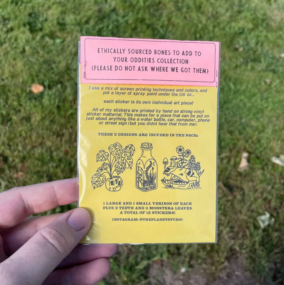 Back of the Bag O' Bones sticker pack with a description of the stickers and text on top that says "Ethically sourced bones to add to your collection (please do not ask where we got them)"