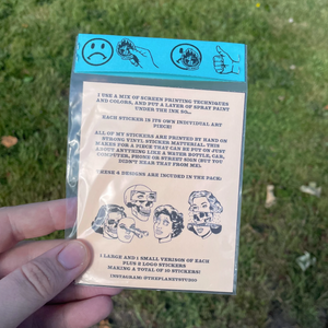 The back of the Creepy Ladies sticker pack, with and explanation of the printing process and images of the stickers inside 