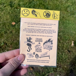 A hand holds a clear plastic sleeve containing a printed backing card with information and several small art stickers, photographed outdoors on grass.