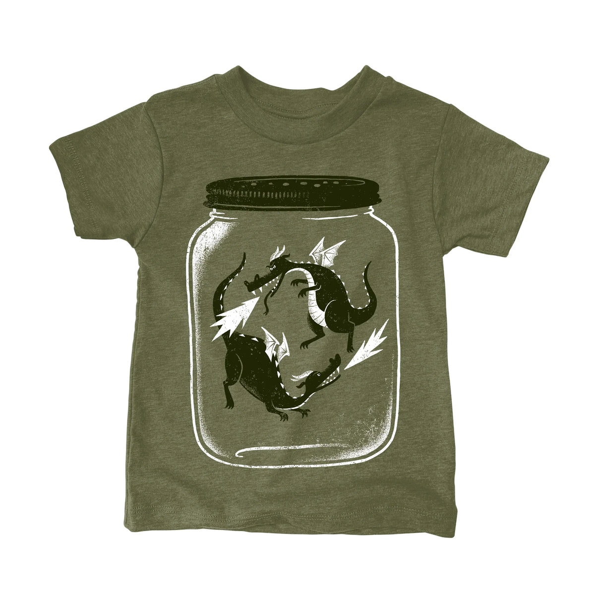 An olive green shirt against a white background. Two flying dragons (dragonflies!) and trapped in a glass jar. 