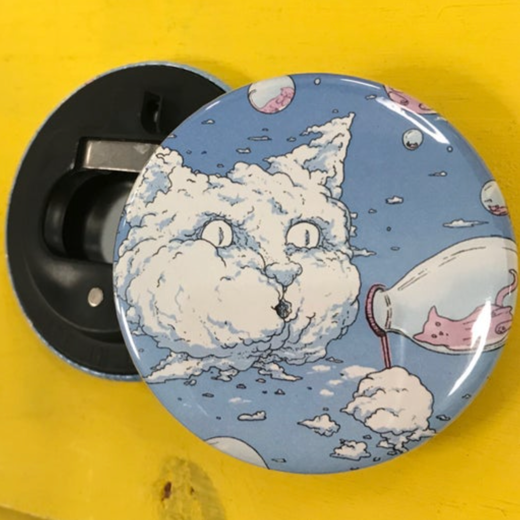 Bottle opener magnet with a cat-themed design on a yellow background