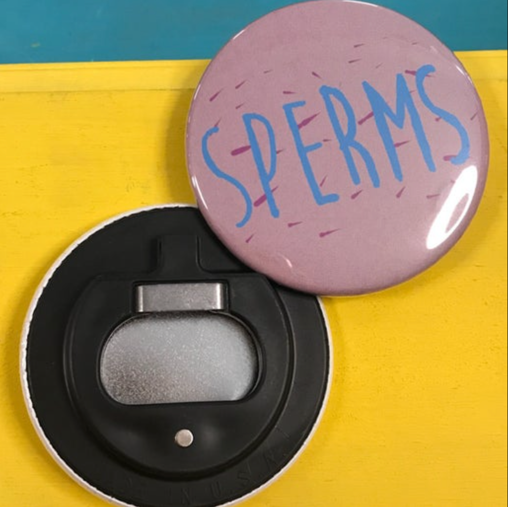 Bottle opener magnet with 'SPERMS' text on a yellow background