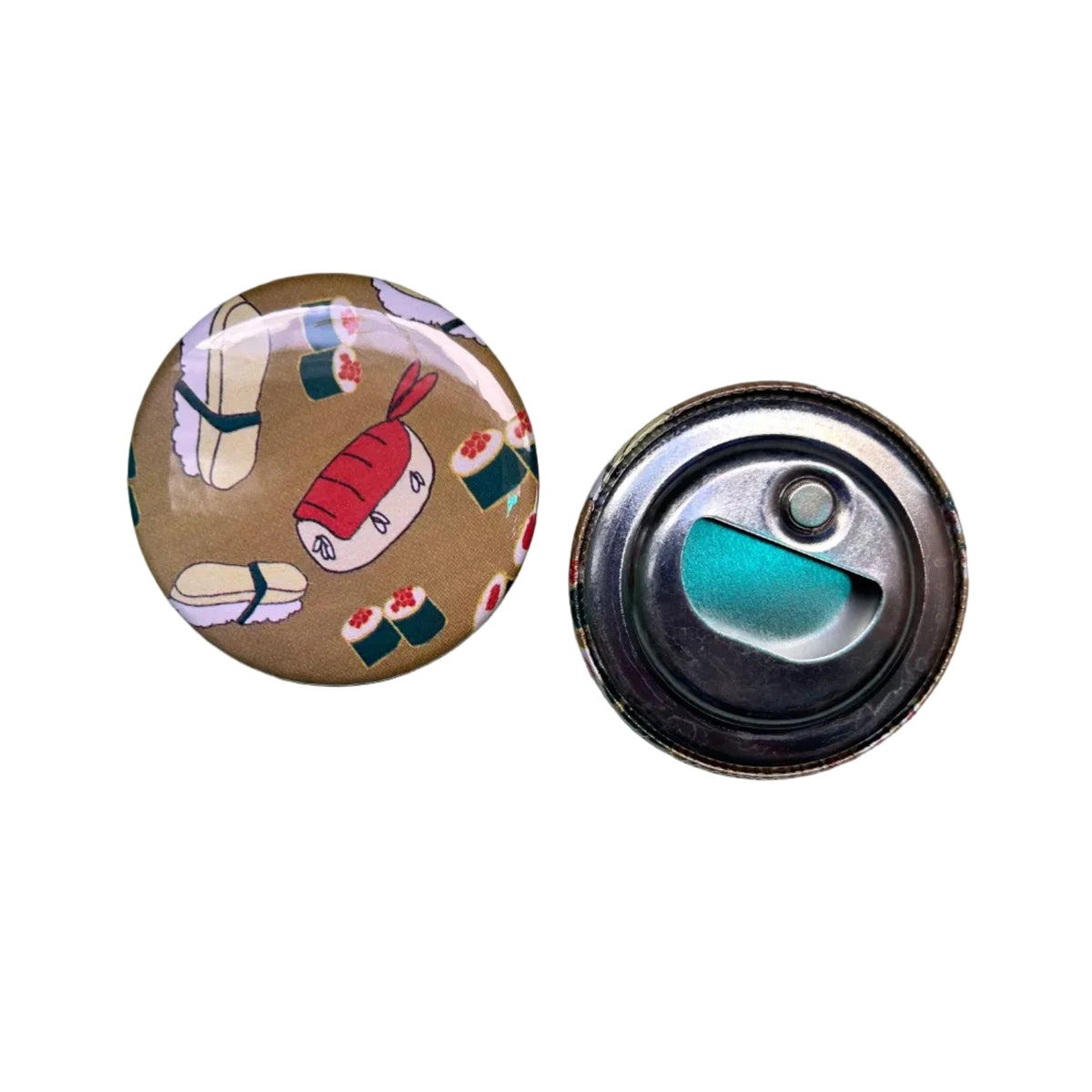 A photo showing the front and back of a round bottle opener magnet that has a sushi print on it 
