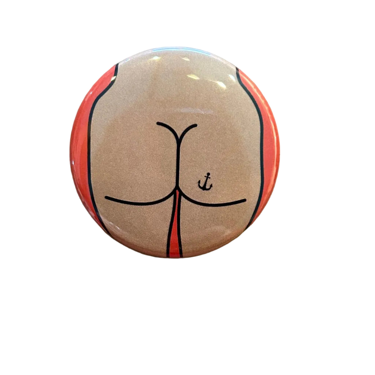 Round button badge with a butt design 