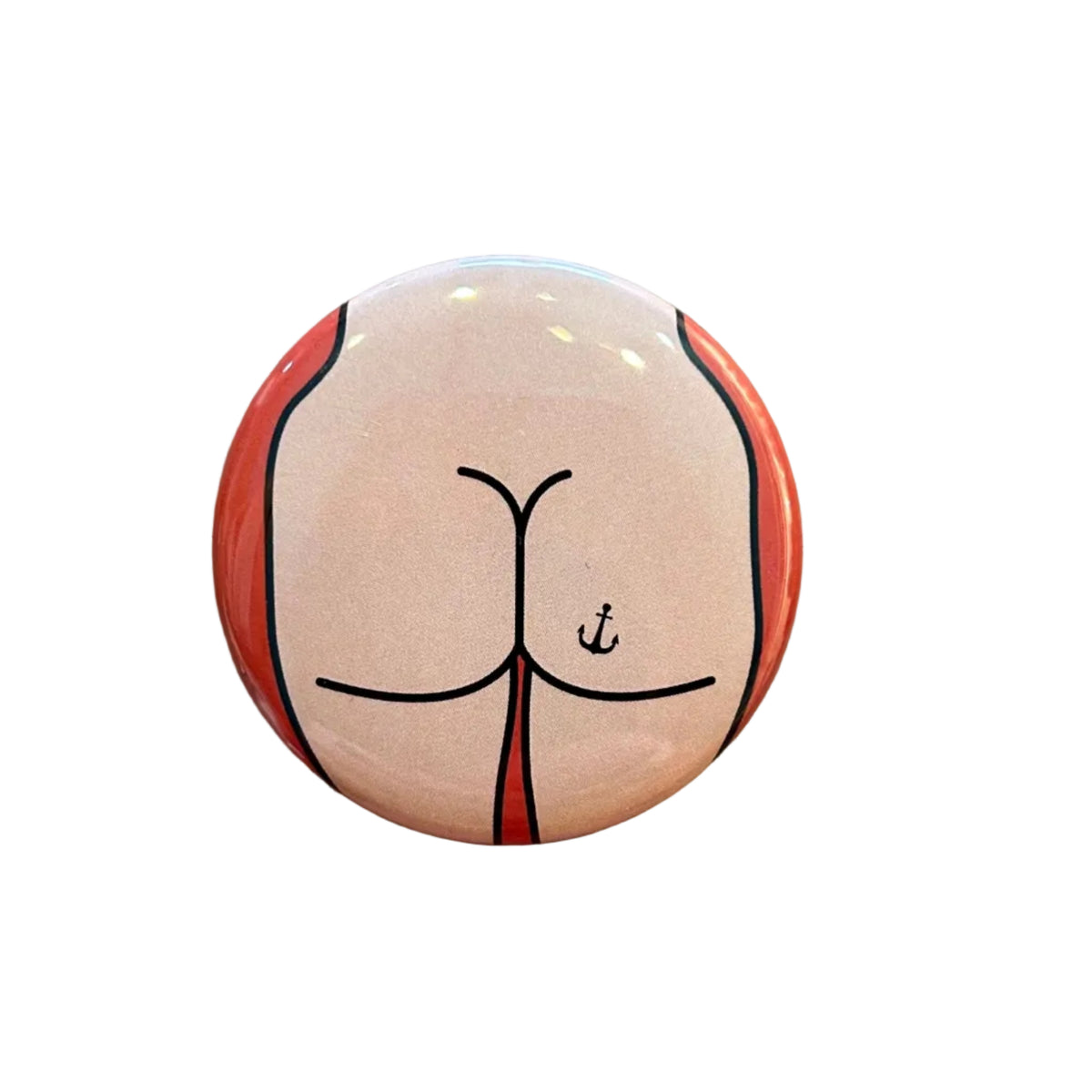Round button badge with a butt design 