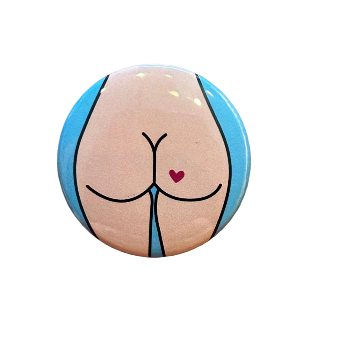 Round button with a stylized illustration of a butt