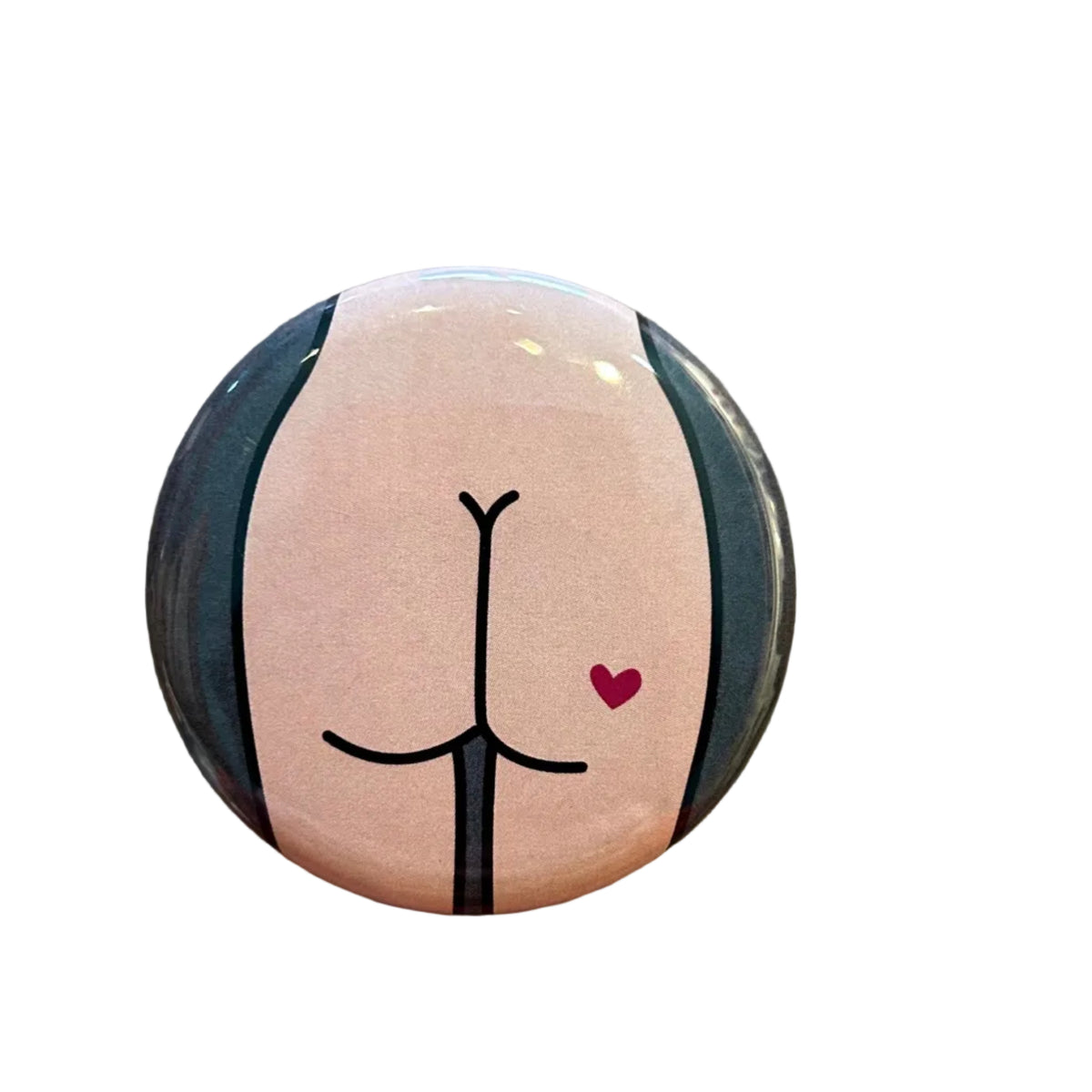 Round button with a stylized illustration of a butt with a red heart tattoo