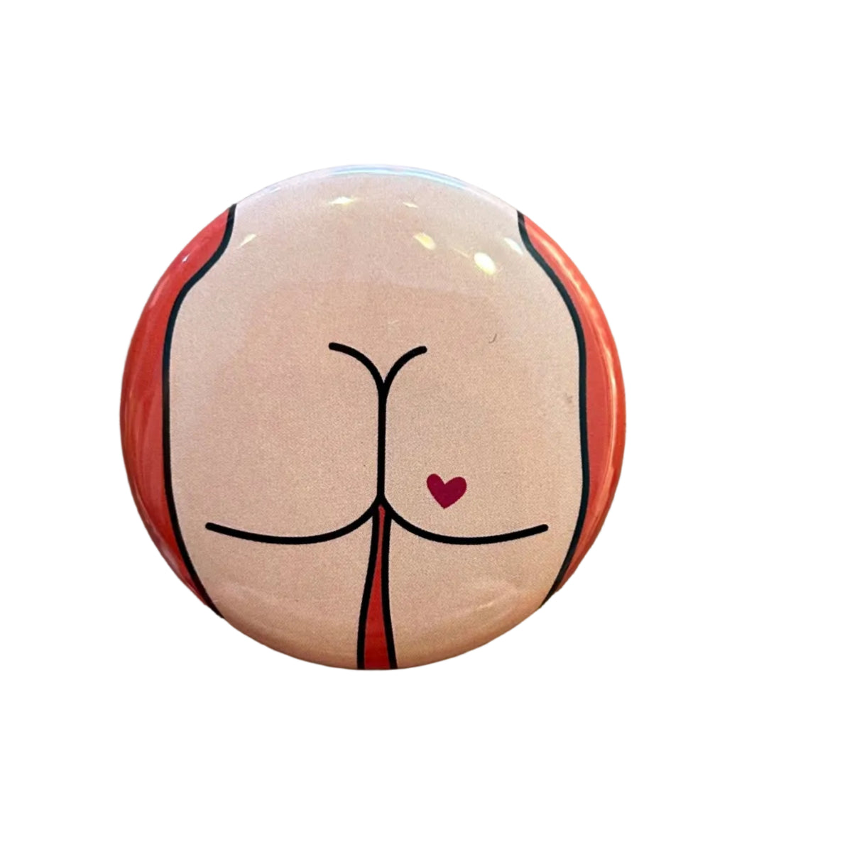 Round button with a design of a stylized butt