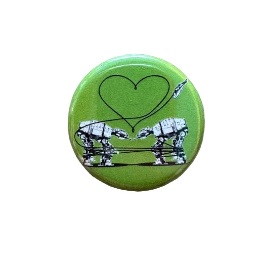 Green button with robot design and heart 