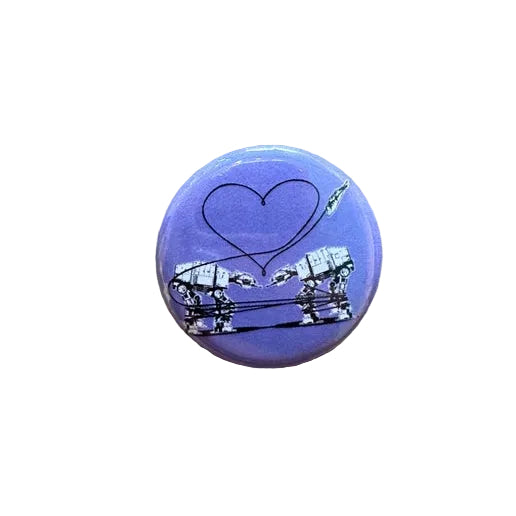 Round purple button with heart and robot design 