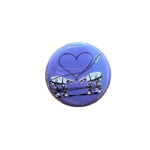 Round purple button with heart and robot design 