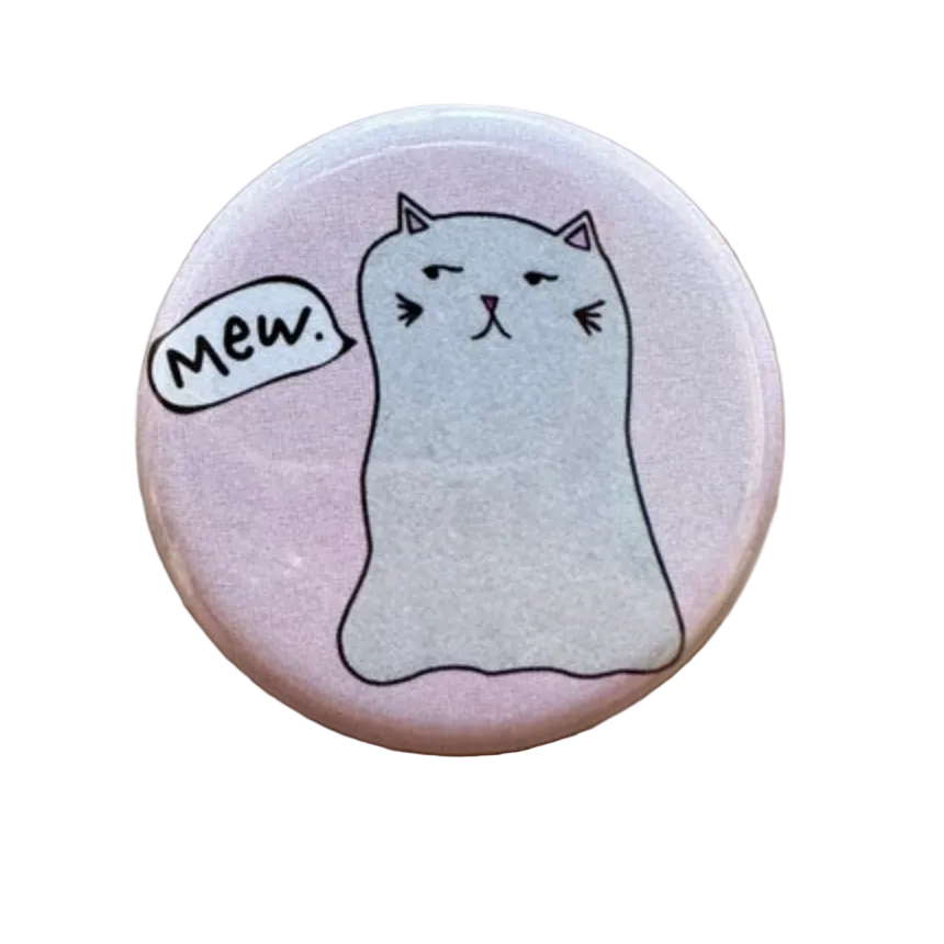 Button badge with a cartoon cat and 'Mew.' text 