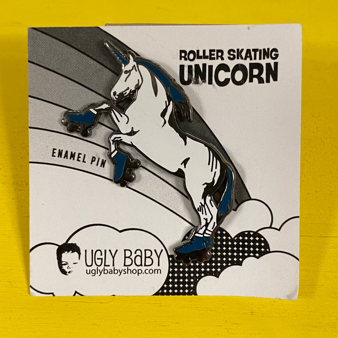 A unicorn wearing roller skates. She has an aqua mane, horn and roller skates. Shown against a bright yellow background.