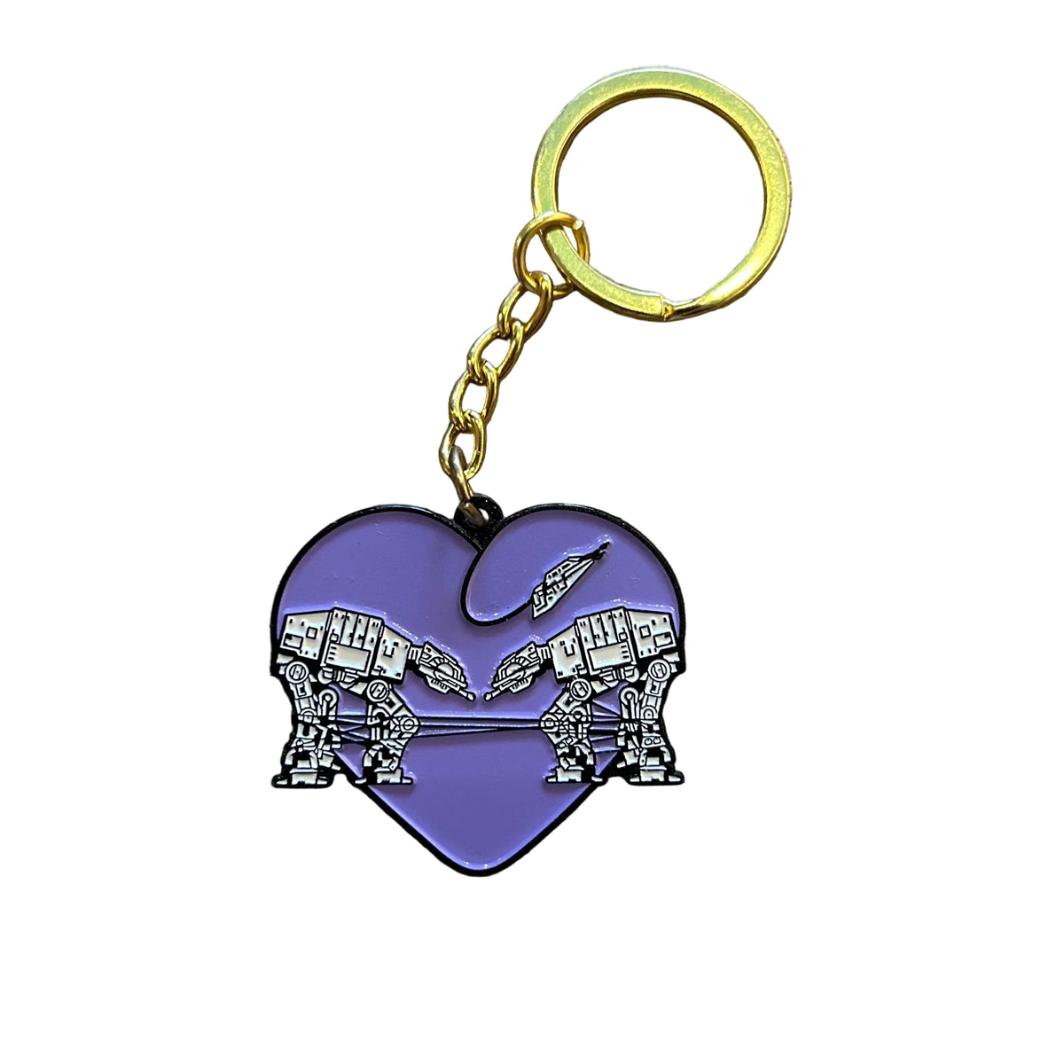 A purple keychain with gold hardware featuring a design of two robots surrounded by a heart against a white background. 