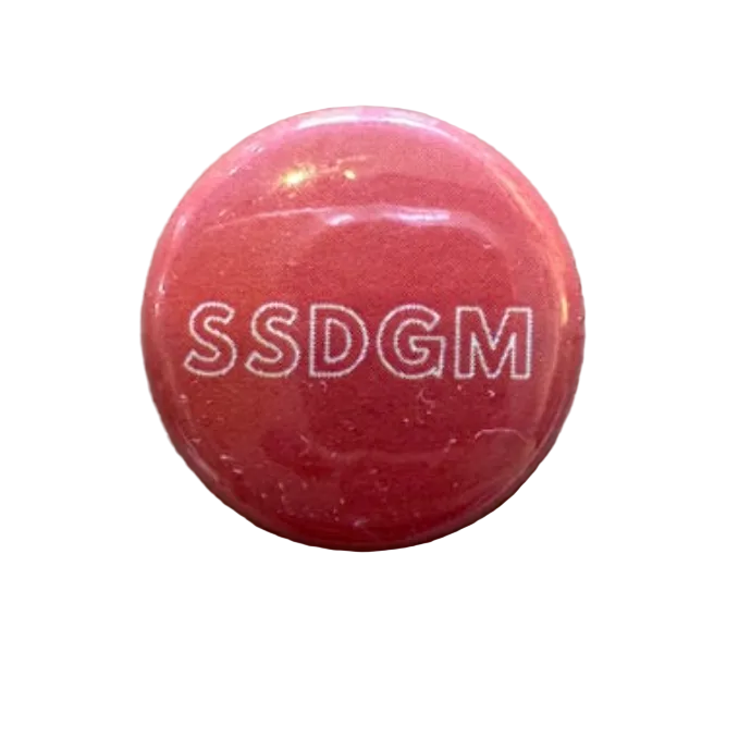 Red round magnet with 'SSDGM' text on a wooden surface