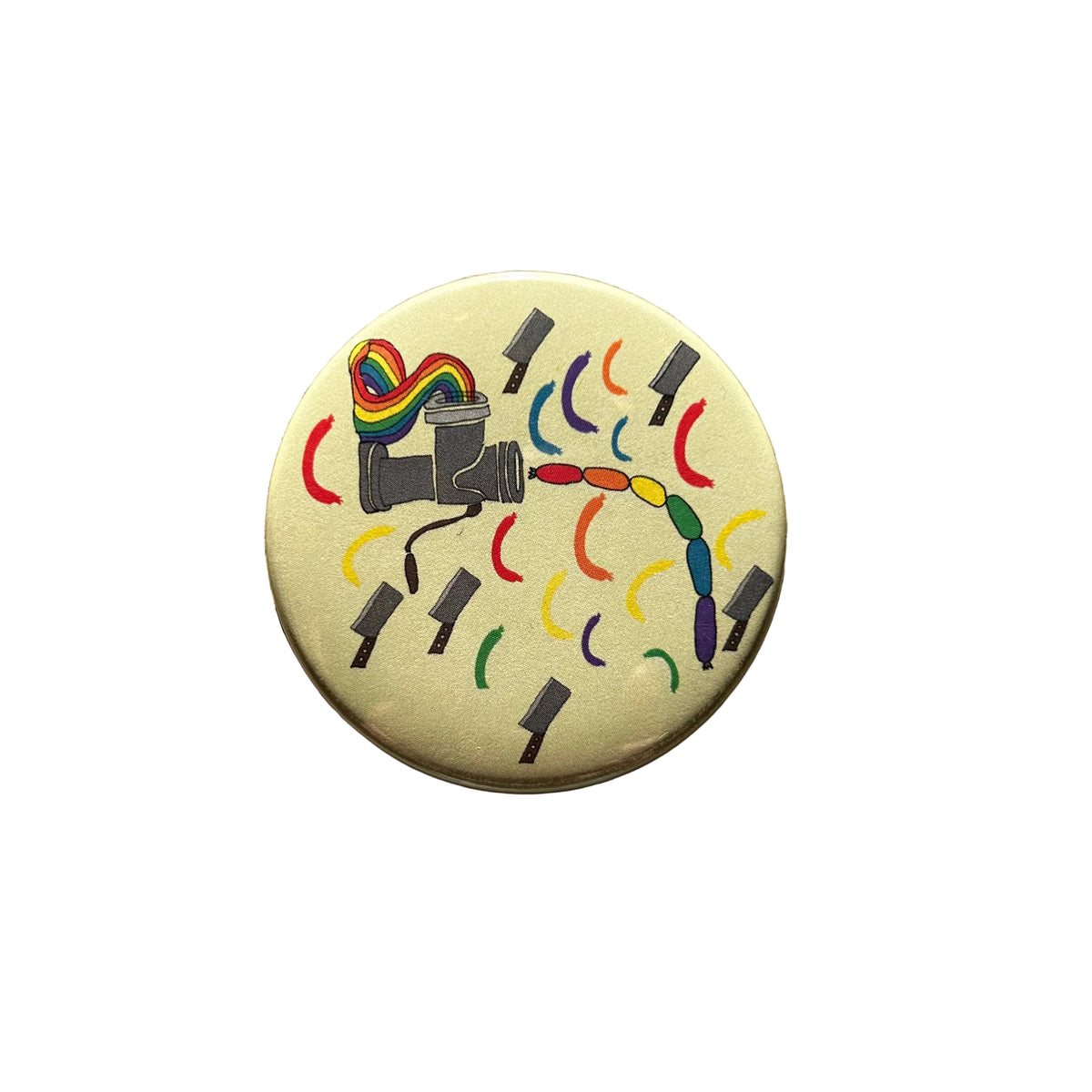 Round yellow button with illustrations of rainbow sausages, cleavers, and a meat grinder.