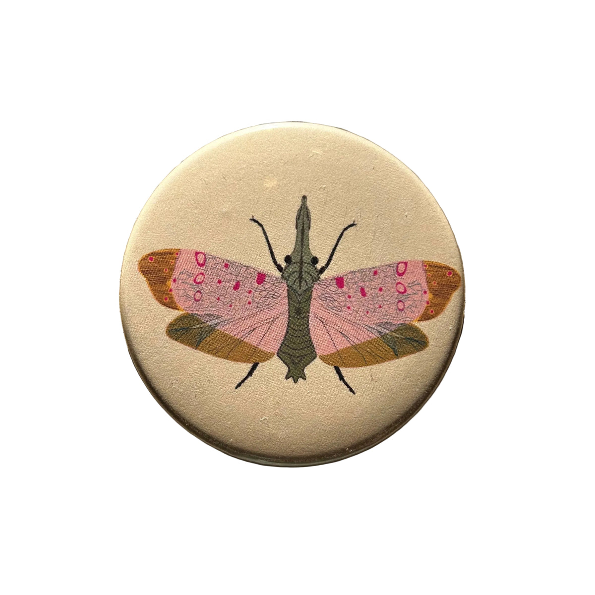 Round beige magnet with an illustration of a moth with pink wings. 
