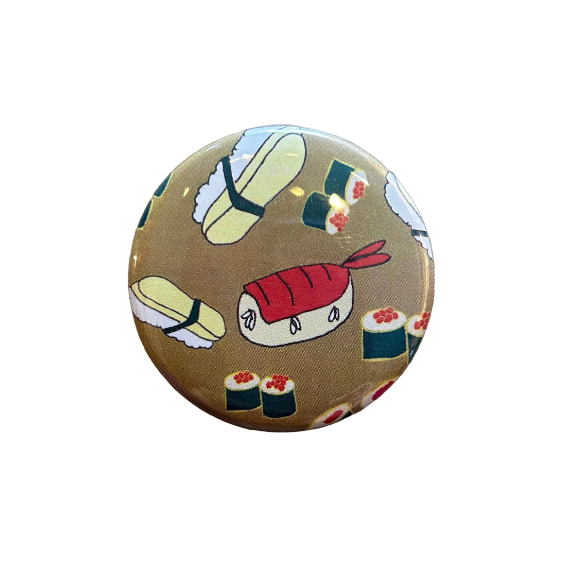 A round magnet featuring a sushi-themed pattern on a tan background
