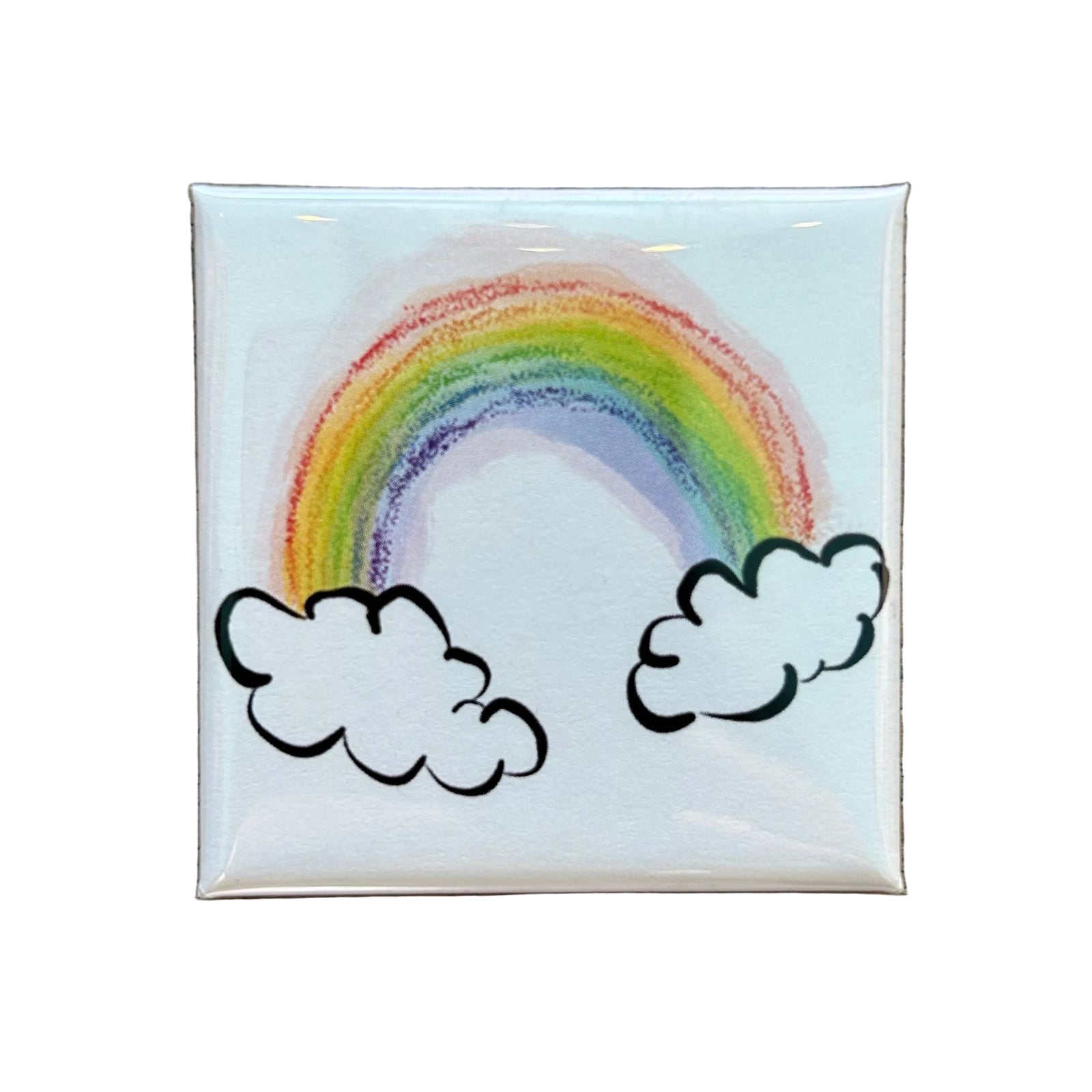 A square white magnet with an illustration of a rainbow. 