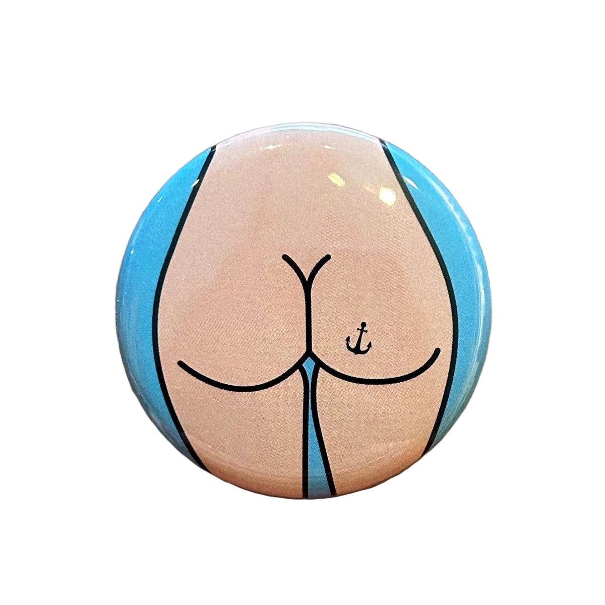 Round mirror with a design of a butt on a white background