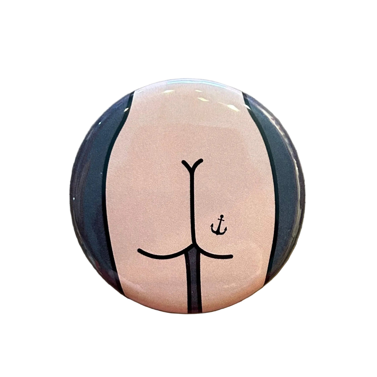 Round mirror with a design of a cartoon butt on the back