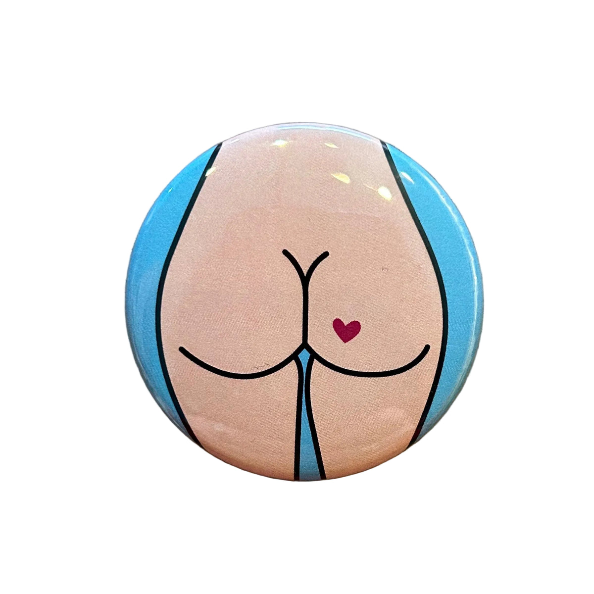 Round mirror with a stylized illustration of a butt 