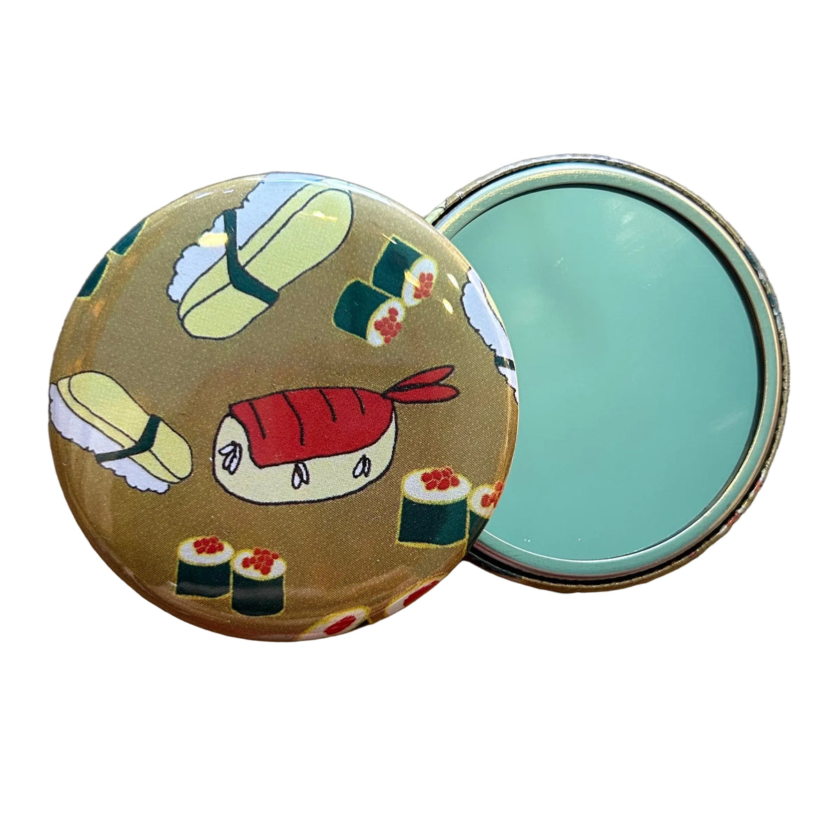 Round brown mirror with various sushi illustrations.