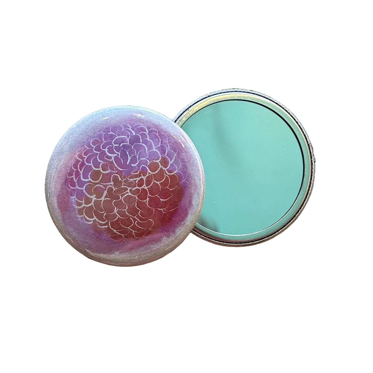 Round mirror with a watercolor illustration of a many-petaled flower. 