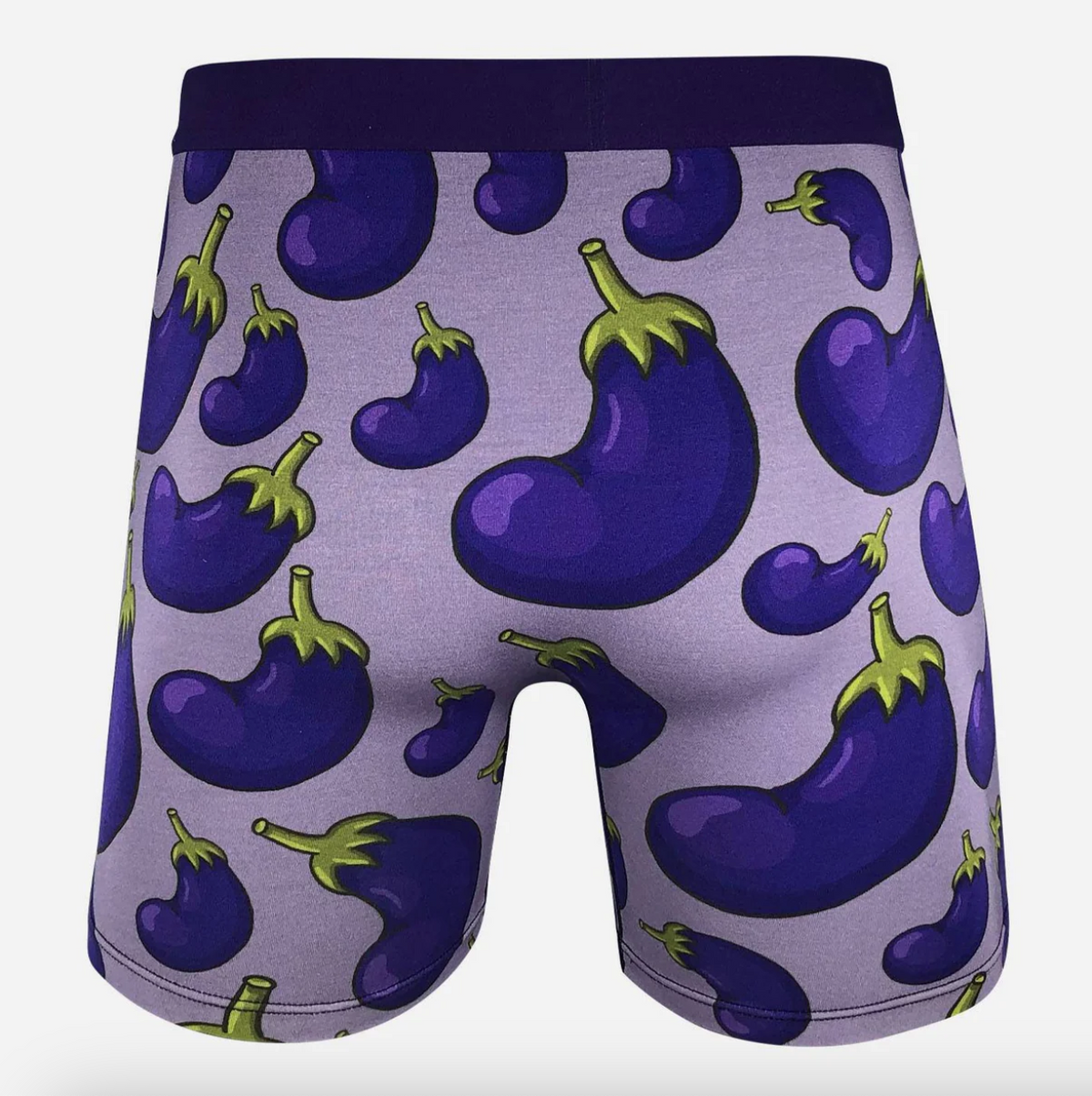 Boxer briefs with purple eggplant pattern on a light gray background