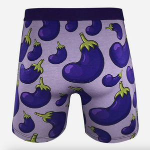 Boxer briefs with purple eggplant pattern on a light gray background
